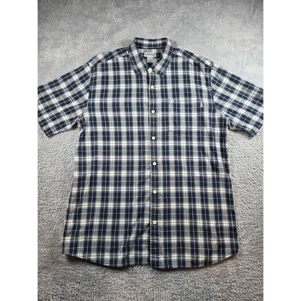 Carhartt Button Down Shirt XL Blue Plaid Mens Short Sleeve Workwear Casual